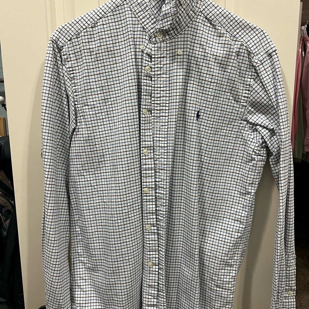 Ralph Lauren Men's Navy and White Plaid Gingham Shirt, Classic Fit, Men’s Medium